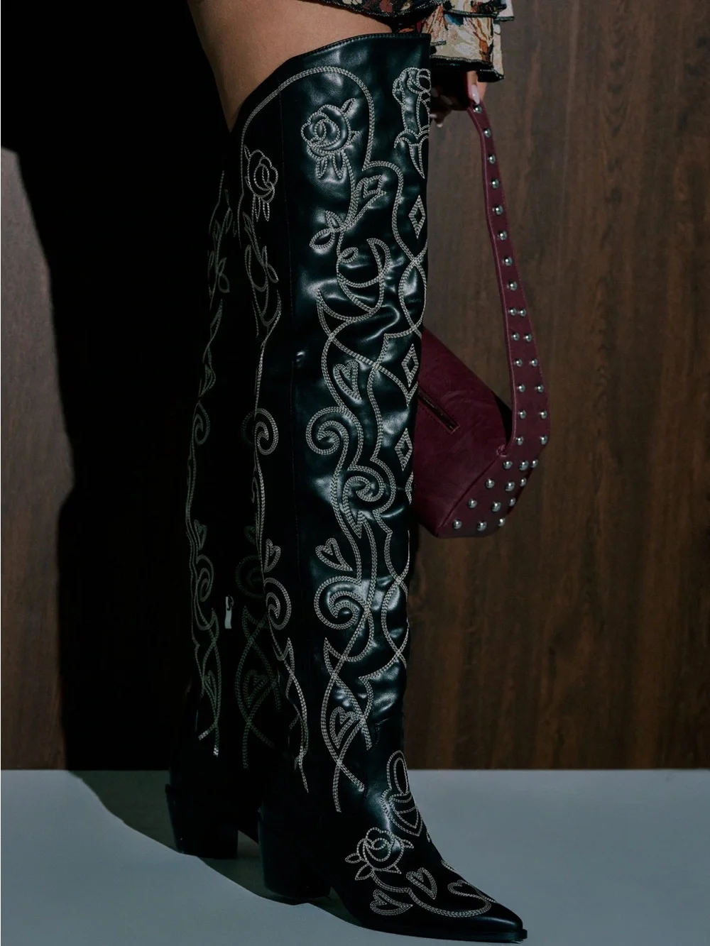 Black Embroidered Over-the-Knee Western Boot